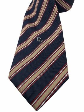 Vintage Christian Dior Embroidered DIOR Navy Red Tan Striped Mens Neck Tie‎